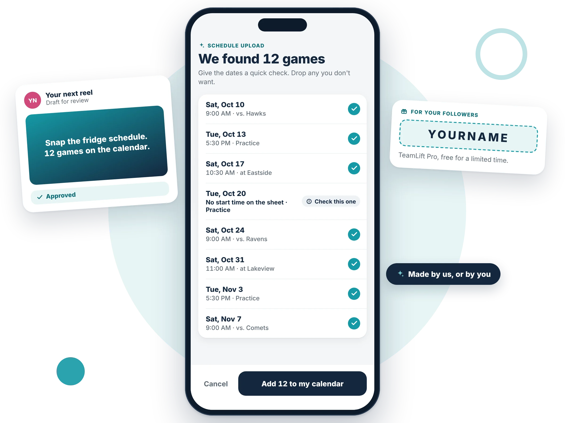 TeamLift on a phone, beside a reel draft marked approved and a follower code card