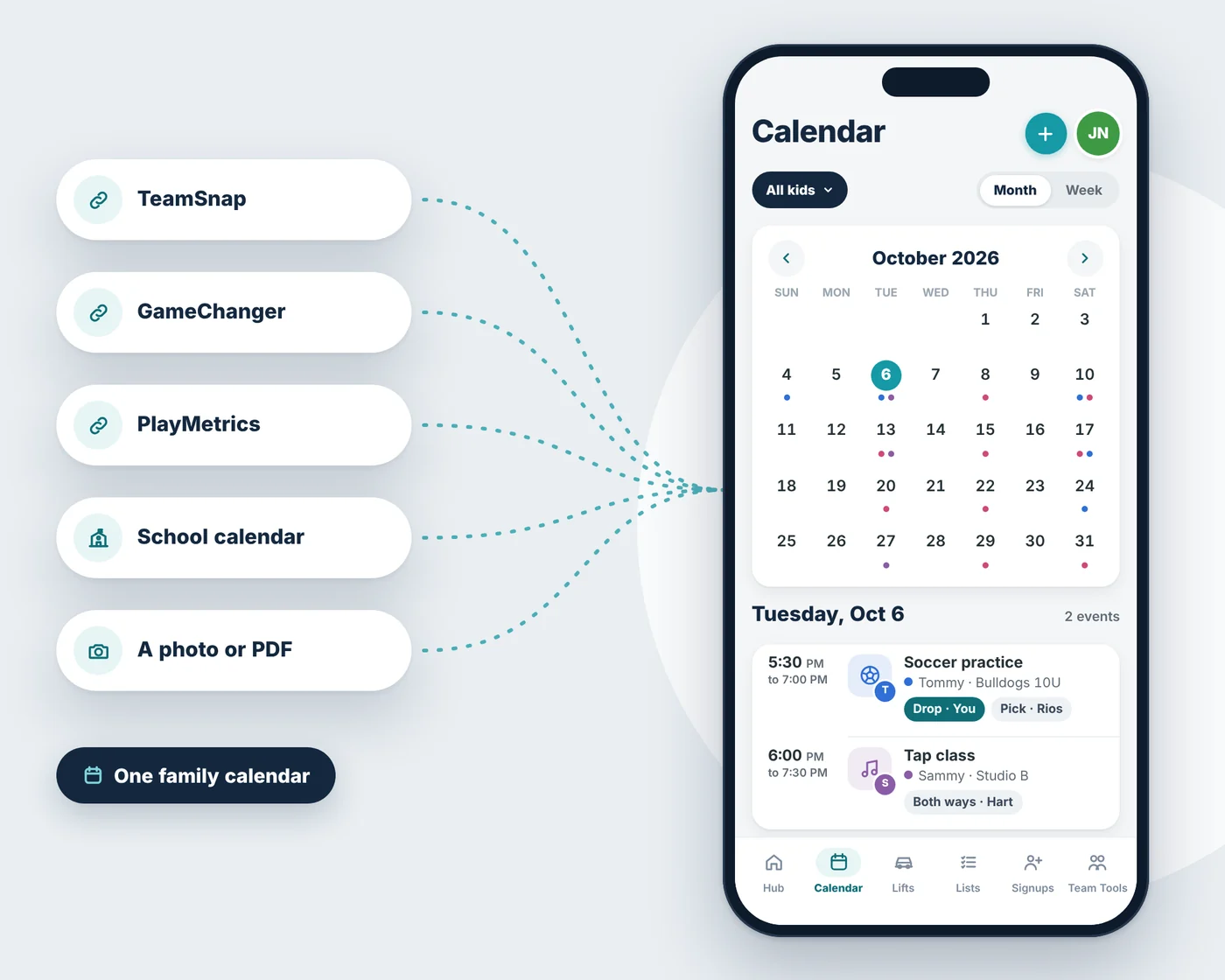 Team calendars from TeamSnap, GameChanger, PlayMetrics and school flowing into one TeamLift calendar