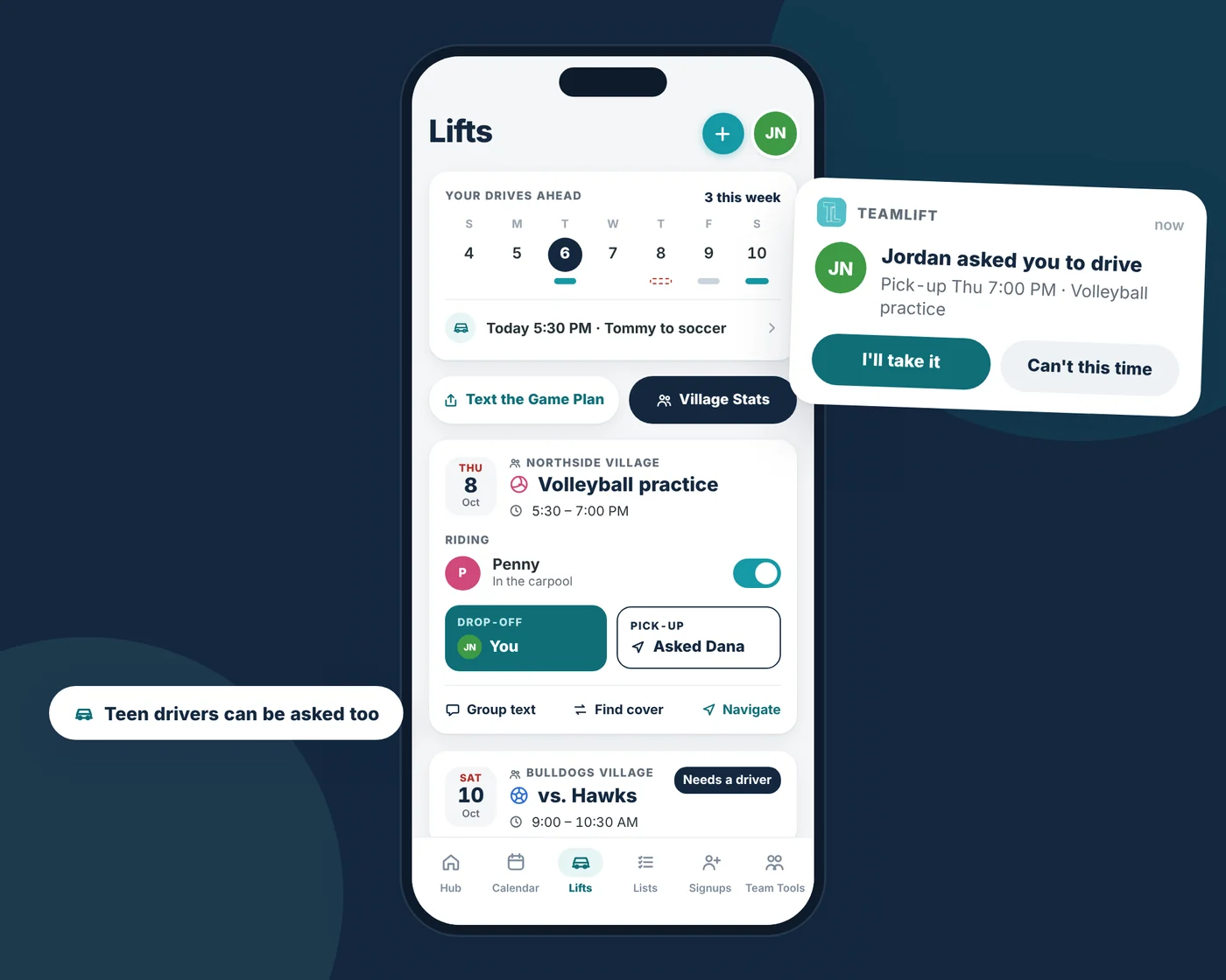 The Lifts screen with a request asking another parent to drive Thursday's pick-up