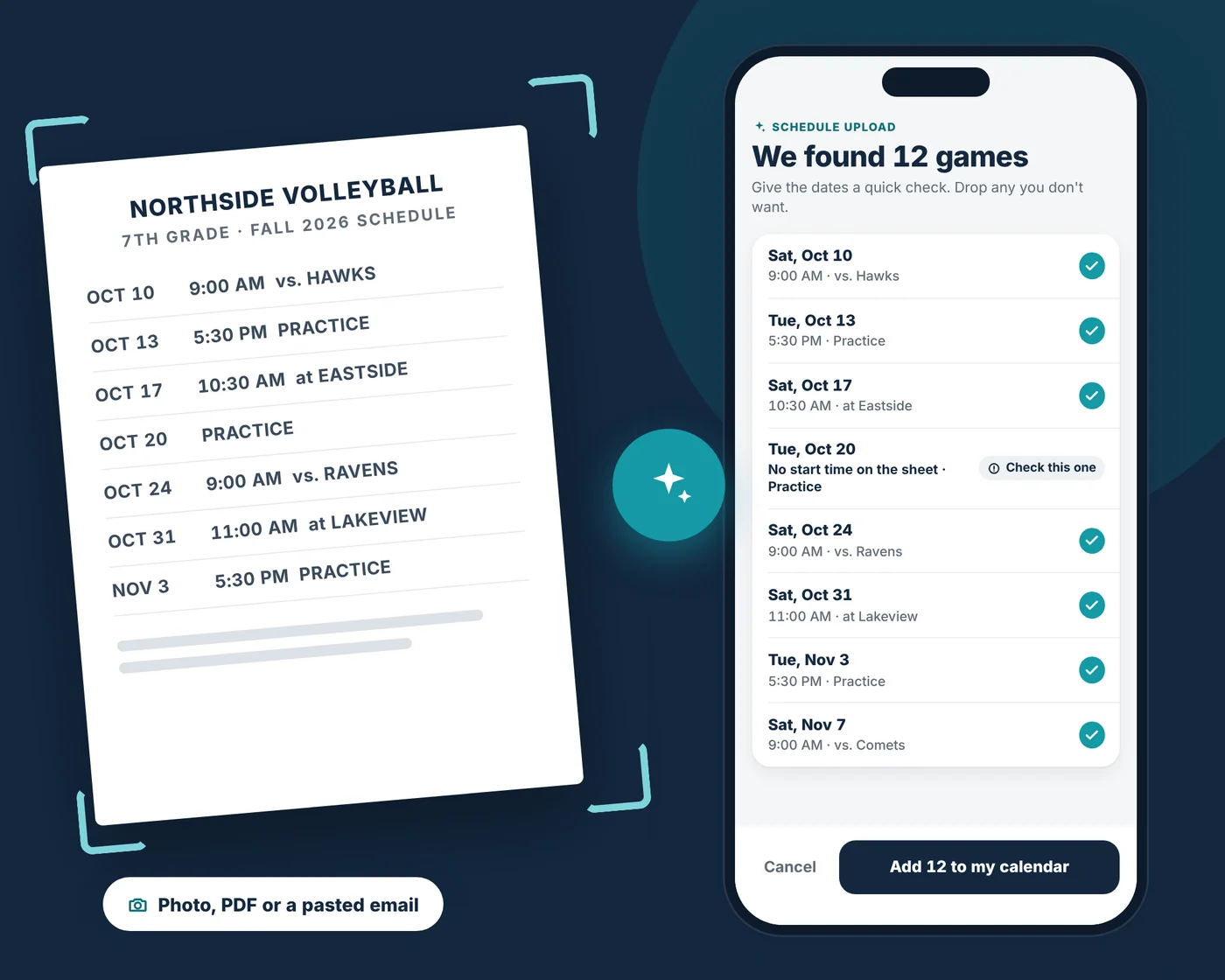 A paper season schedule beside the app's list of the twelve games it read from it