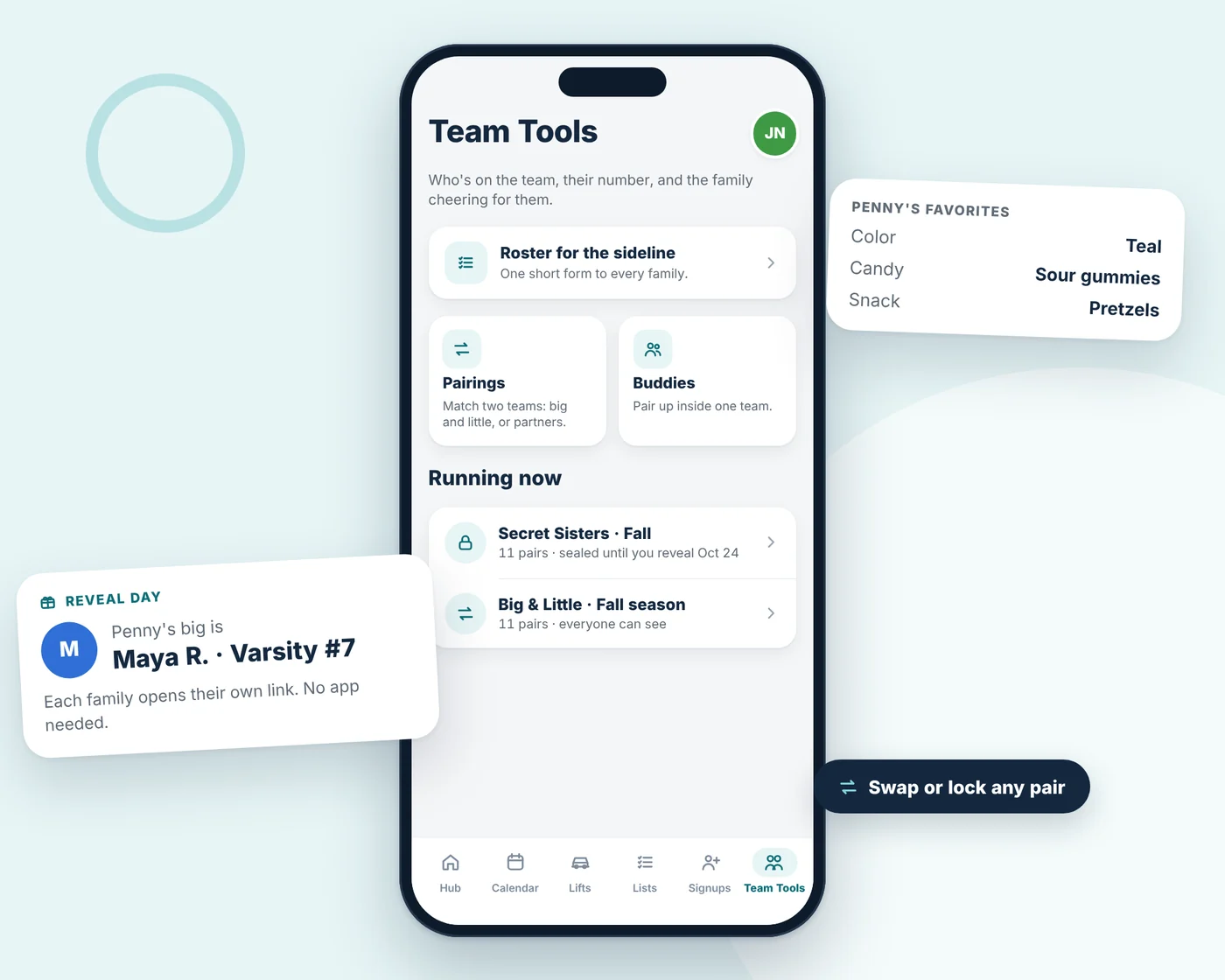 The Team Tools screen with a Big and Little pairing reveal and a player's favorites card