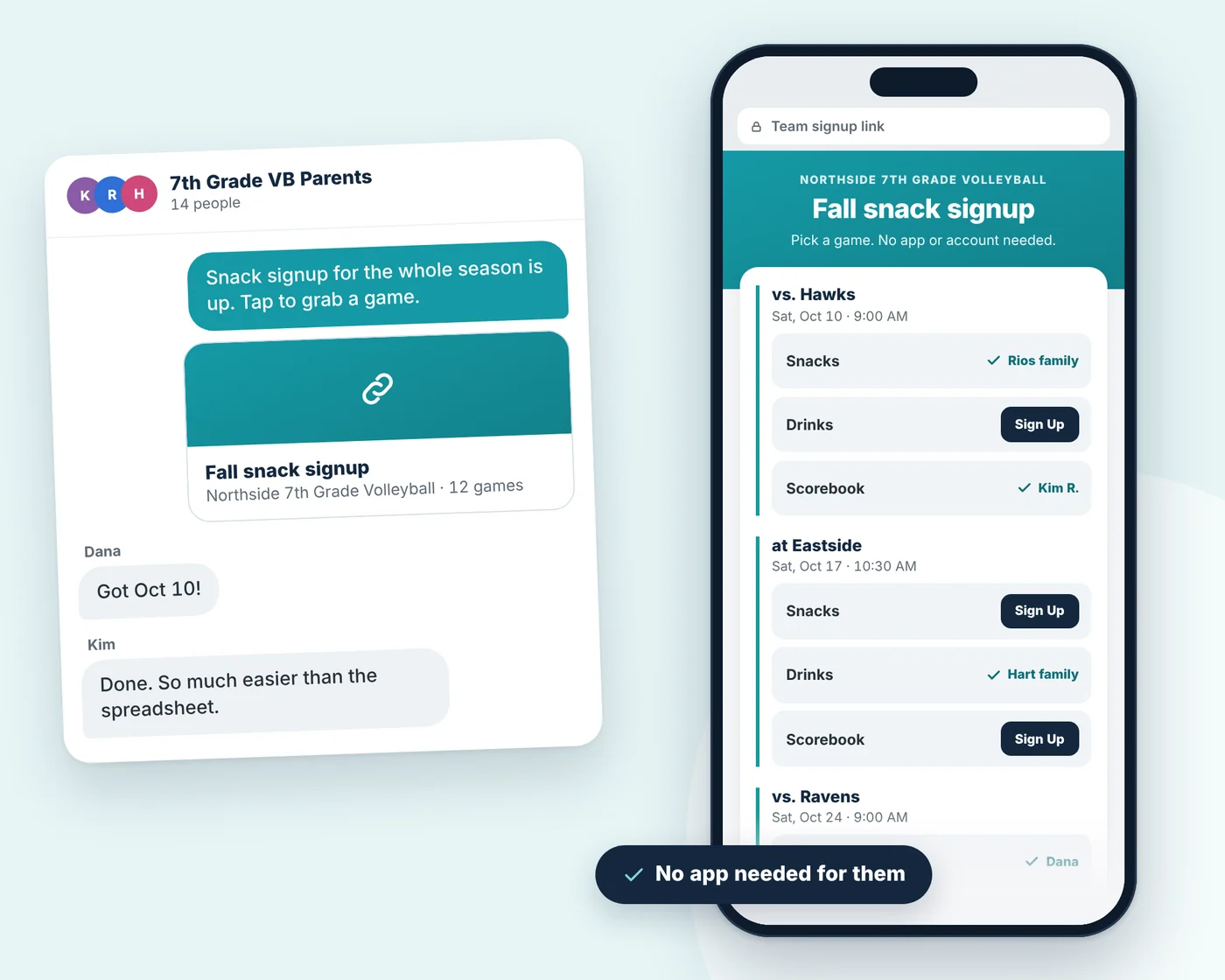 A snack signup link shared in a parent group chat, opened in a browser with no app