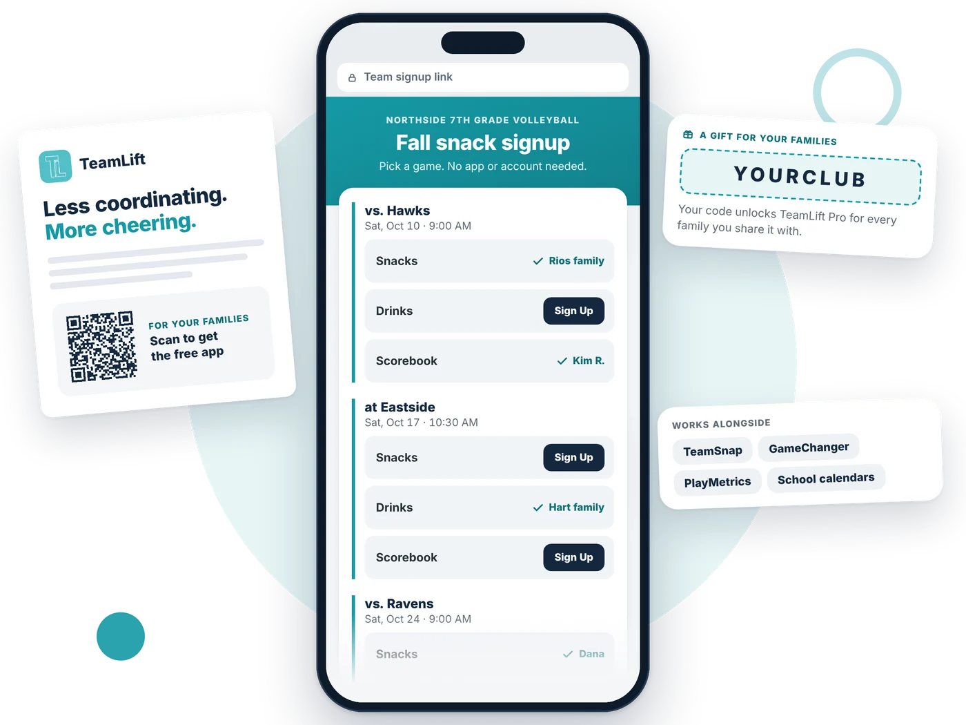 A team snack signup page on a phone, beside a TeamLift flyer and a partner code card