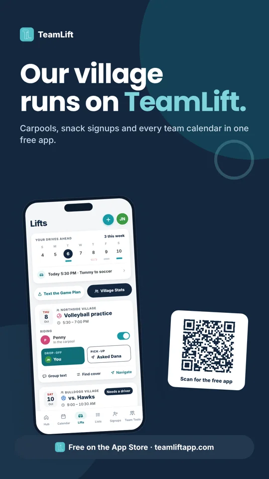 Story image: Our village runs on TeamLift, with the app's carpool screen and a QR code